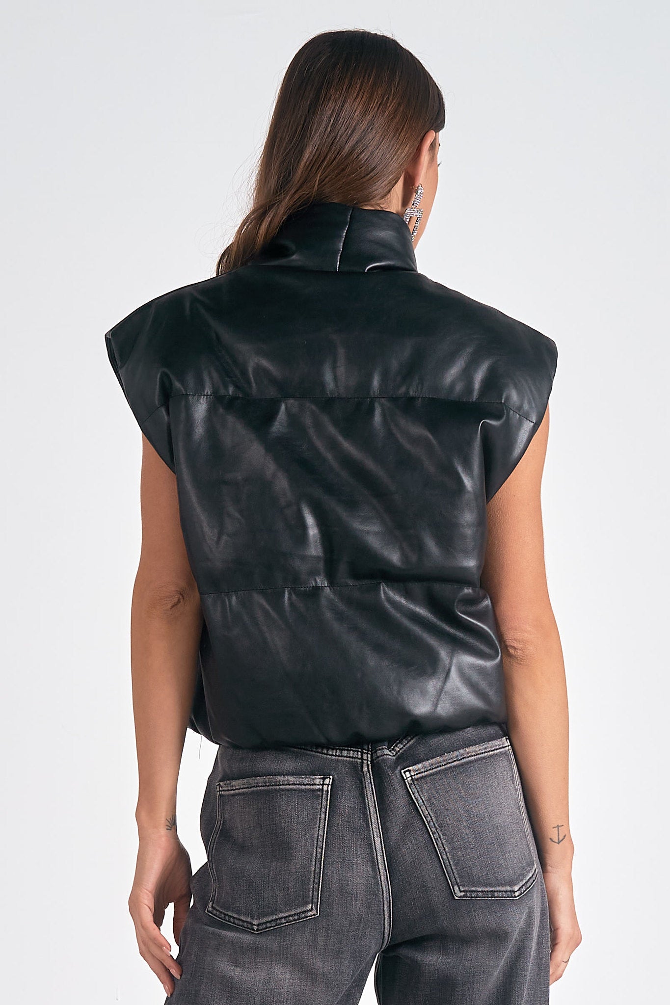 Faux Leather Crop Puffer Vest Black