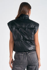 Faux Leather Crop Puffer Vest Black