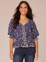 Peplum Printed Scallop Edge Embroidered Top Navy + Ivory