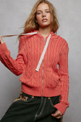Floral Lace String Cable Knit Zip Hoodie Sweater Ruby
