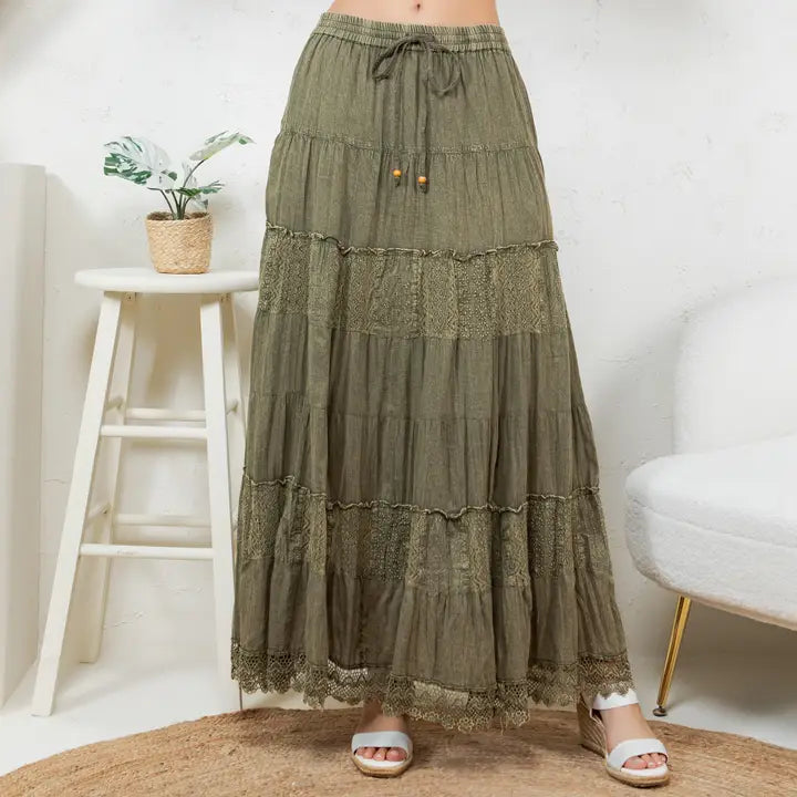 7 Tiered Crinkle Lace Patchwork Skirt Gravel