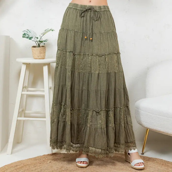 7 Tiered Crinkle Lace Patchwork Skirt Gravel