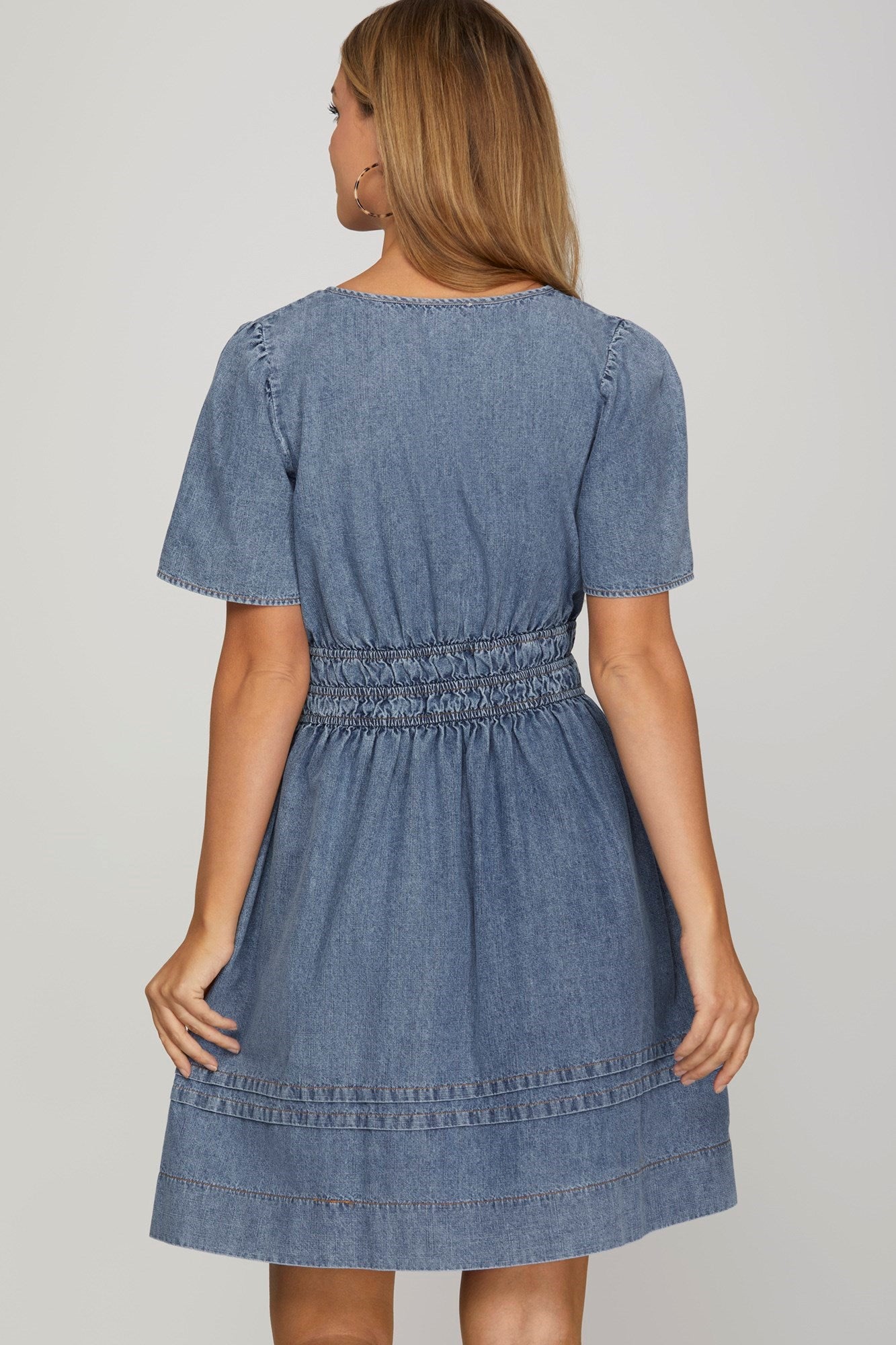 Short Sleeve Washed Denim Smocked Waist Mini Dress Denim Blue