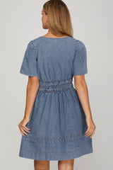 Short Sleeve Washed Denim Smocked Waist Mini Dress Denim Blue