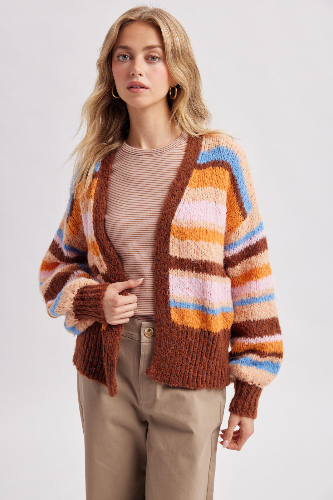 Colorblock Striped Sweater Cardigan Mocha + Sunkist