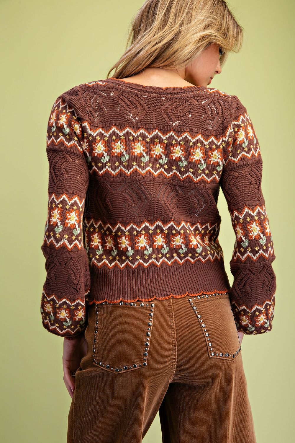 Multicolor Floral Knit Open Sweater Coffee Brown