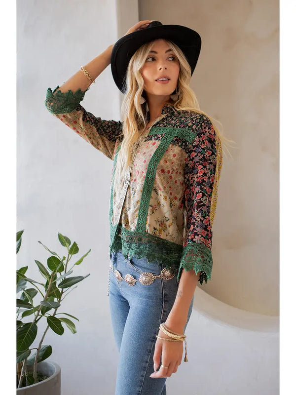 Boho Patchwork Crochet Detail Jacket Basil