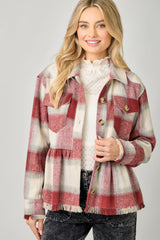 Peplum Plaid Fringe Jacket Red