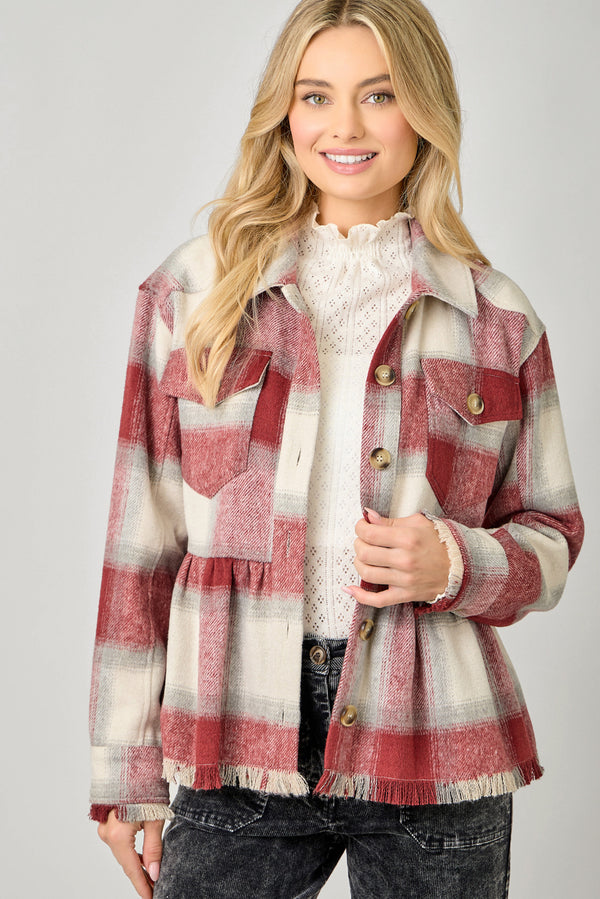 Peplum Plaid Fringe Jacket Red