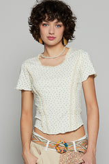 Ruffled Piping Mini Floral Cropped Tee Cream