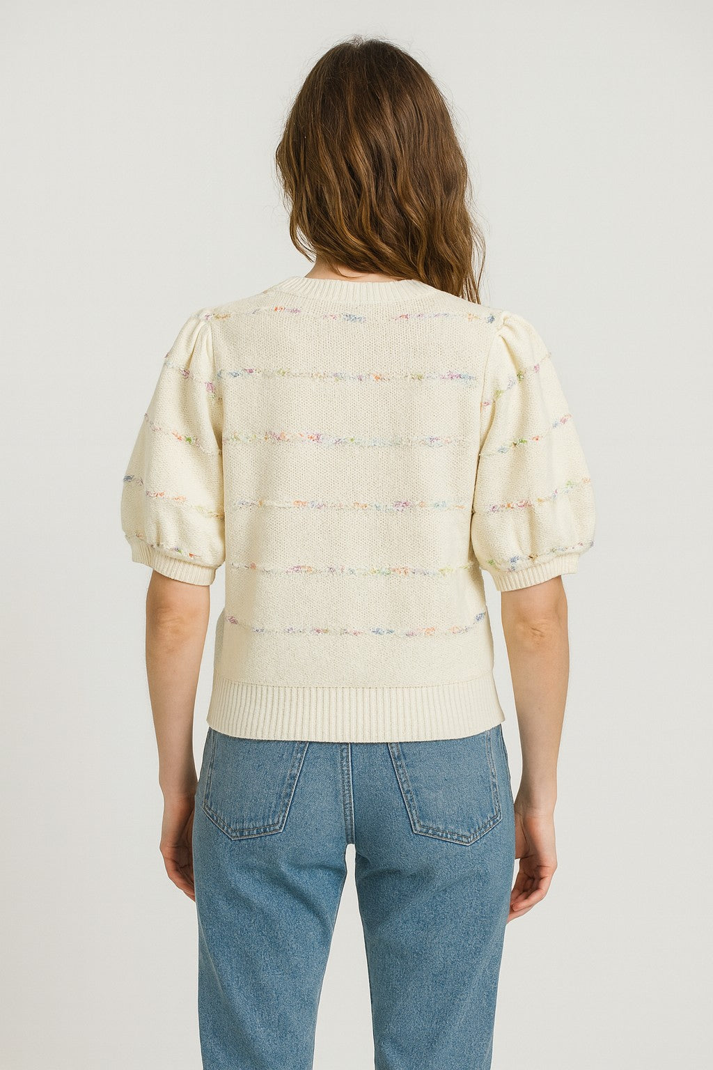 Confetti Stripe Puff Short Sleeve Sweater Ivory