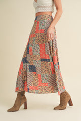 Brayden Patchwork Print Skirt Tan + Orange
