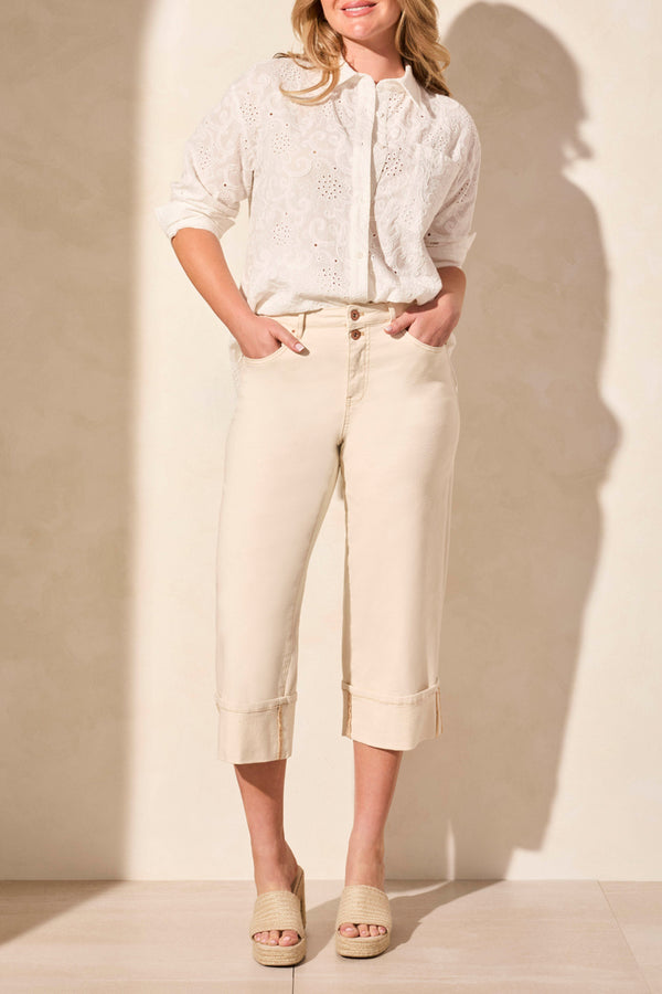 Brooke Girlfriend Cuffed Wide Leg Jeans Ecru