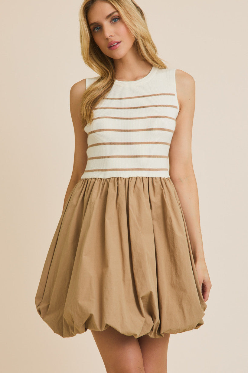 Striped Knit Sleeveless Bubble Hem Mini Dress White + Taupe