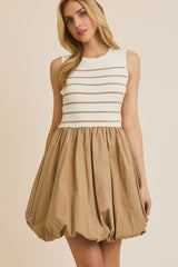 Striped Knit Sleeveless Bubble Hem Mini Dress White + Taupe