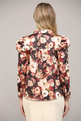Floral Print Puff Sleeve Buttoned Blouse Black Multi