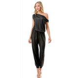 Asymmetric Off Shoulder Jumpsuit Black Leather