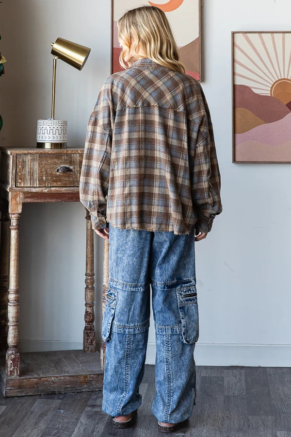 Washed Star Plaid  Button Front Shirt Mocha