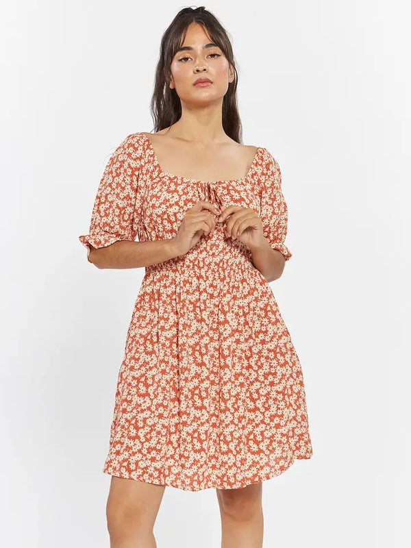 Caroline Floral Puff Sleeve Dress Orange Daisy