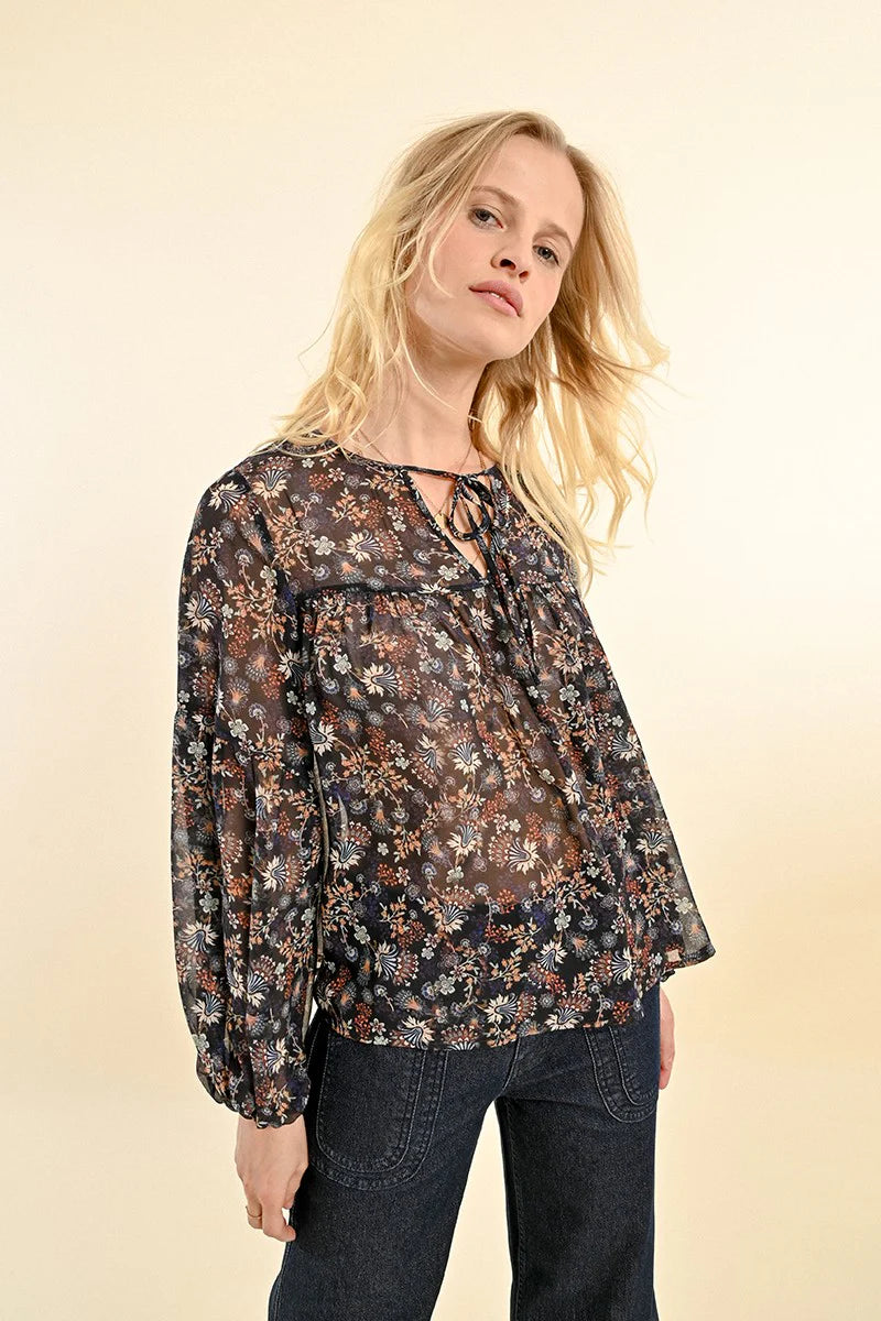 Western Floral Tie Neck Sheer Blouse Black Claire