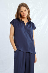 Short Sleeve Collared 3/4 Button Down Shirt Navy Blue