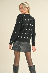 Heart Embroidery Pom Pom Sweater Black + Ivory