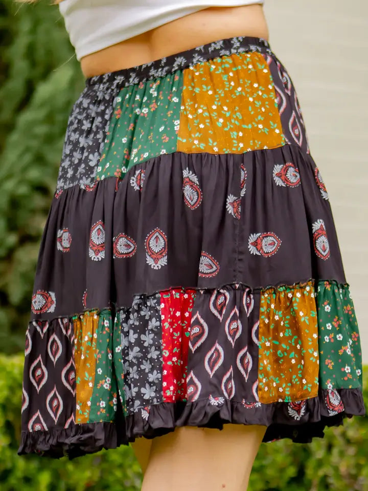 Western Print Patchwork Tiered Mini Skirt Black