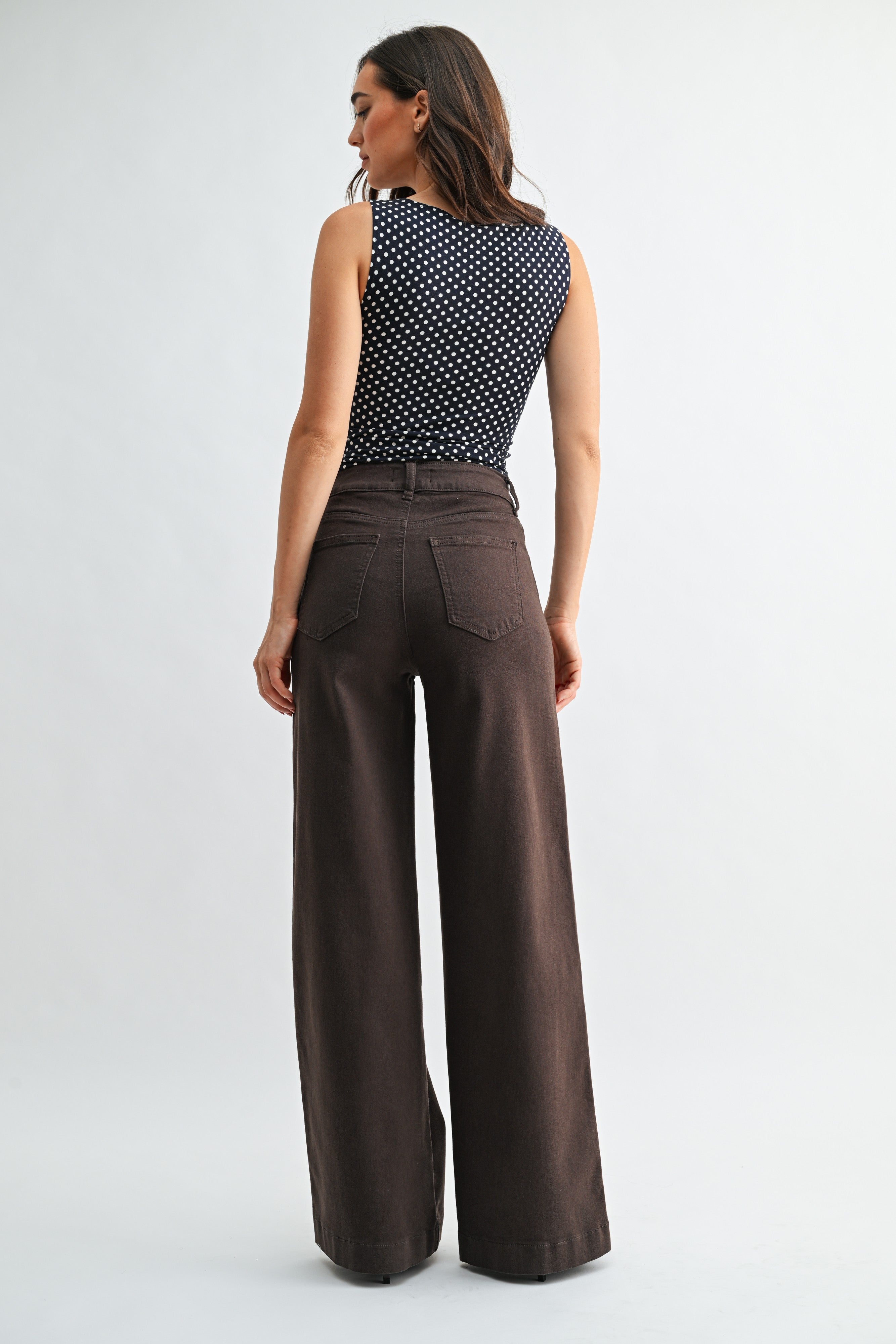 High Rise Full Length Wide Leg Denim Pants Dark Brown