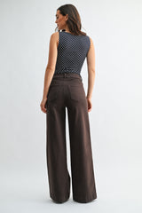 High Rise Full Length Wide Leg Denim Pants Dark Brown