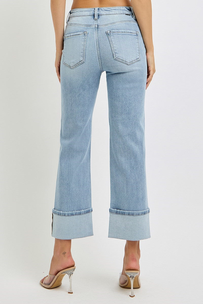 High Rise Ankle Straight Wide Cuffed Jeans Light