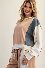 Frayed Colorblock Long Sleeve Pullover Cinnamon