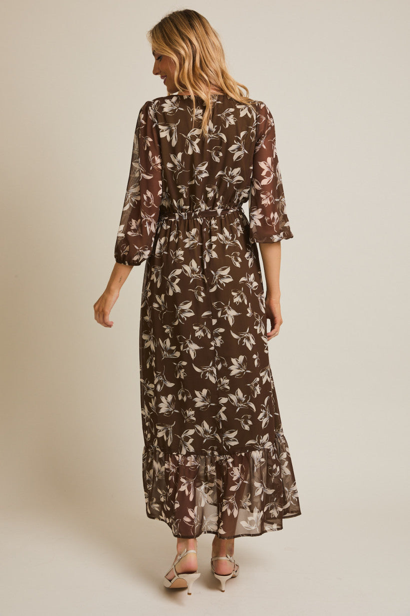 Vneck Button Up Long Sleeve Tie Waist Floral Maxi Dress Olive + Ivory