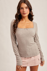 Edge Lace Neck Pointelle Knit Top Grey