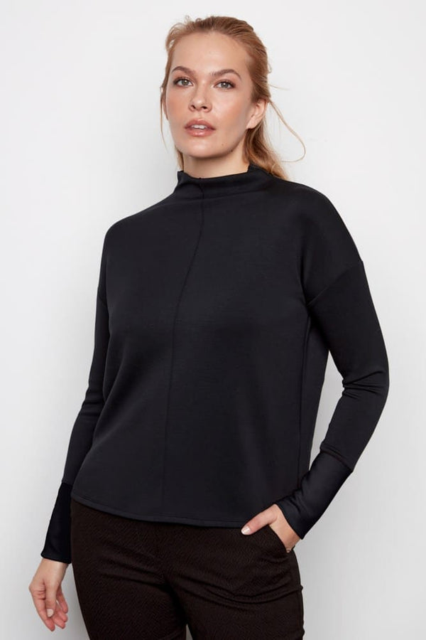 Arya Pinktuck Mock Neck Scuba Top Black