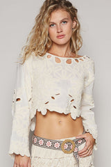 Cropped Long Sleeve Solid Crochet Top