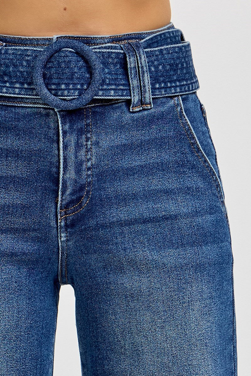 Tummy Control High Rise Wide Leg Belted Jean Dark