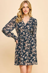 Ruffle Waist Long Sleeve Floral Mini Dress Deep Navy Multi