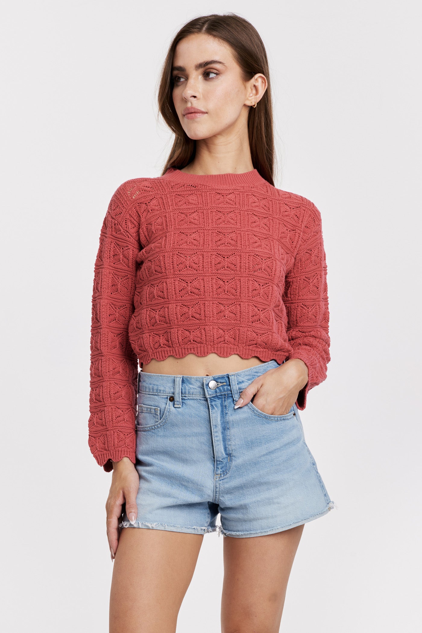 Uma Scallop Hem Crochet Sweater Dark Cherry