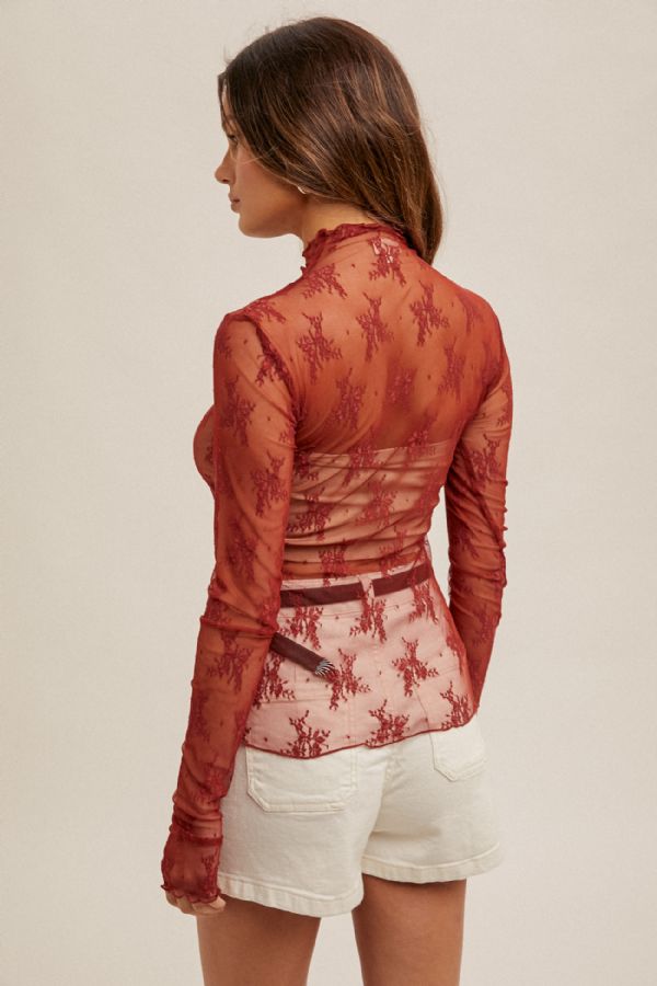 Mock Neck Lace Thumb Hole Sleeve Top Brick
