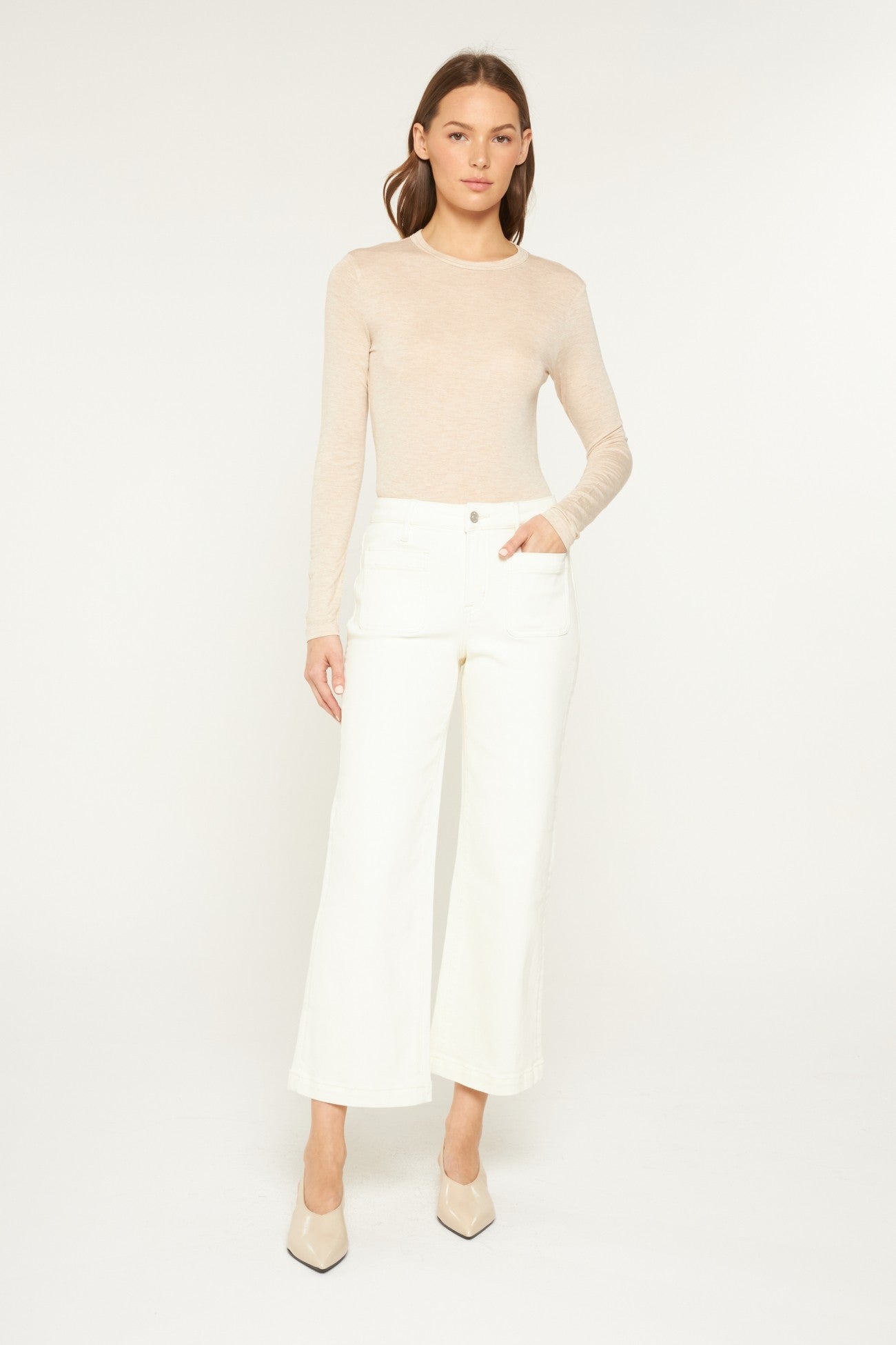 High Rise Cropped Wide Leg Patch Pocket Jeans White Chocolate