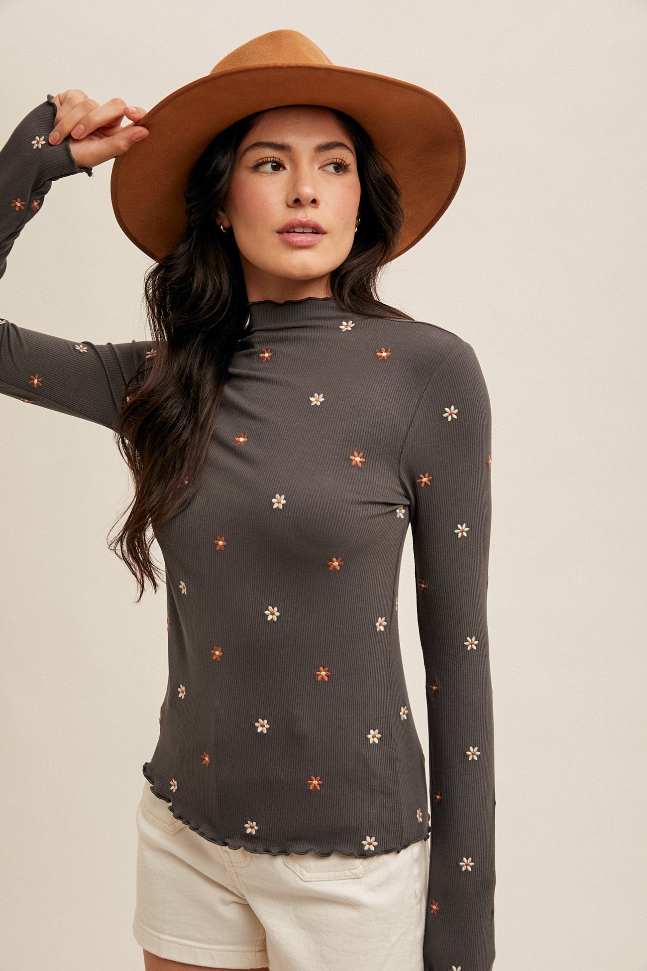 Embroidered Rib Mock Neck Cabbage Hem Top Charcoal