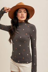 Embroidered Rib Mock Neck Cabbage Hem Top Charcoal