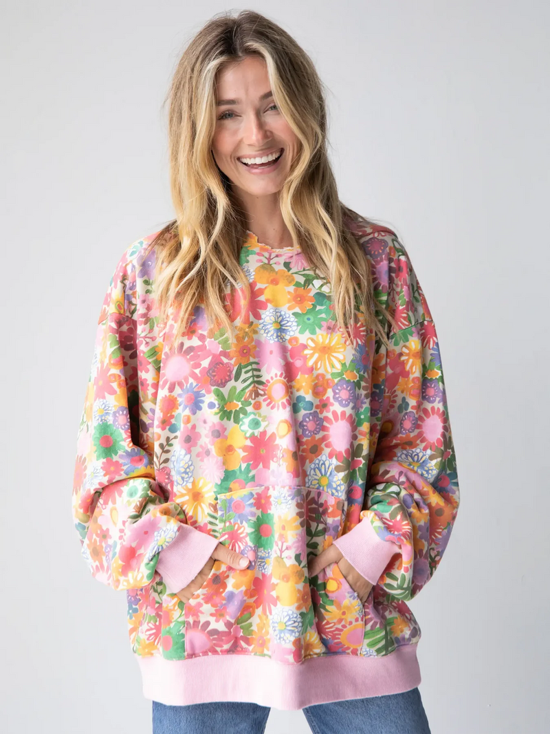 Oversized Printed Hoodie Rainbow Floral