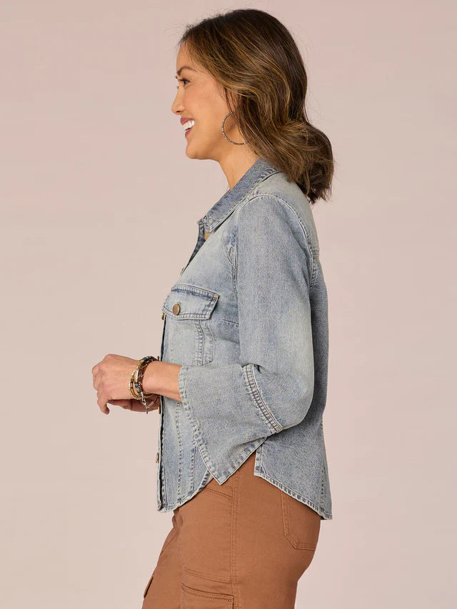 3/4 French Cuff Flap Pocket Denim Button Down Jacket Light Blue
