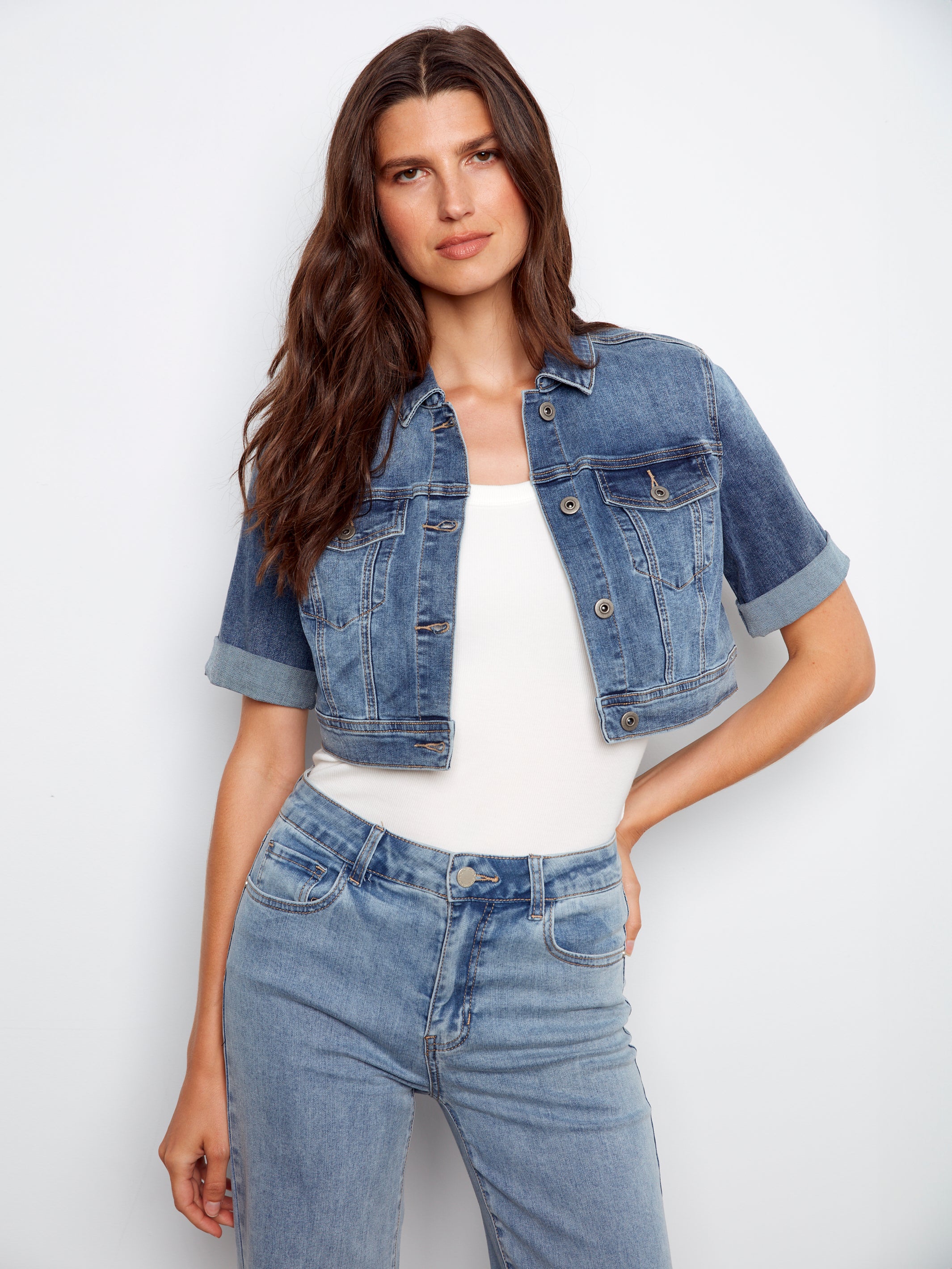Short Sleeve Crop Denim Jacket Medium Blue