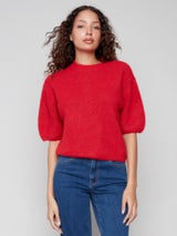 Solid Elbow Sleeve Balloon Shape Sweater Crimson