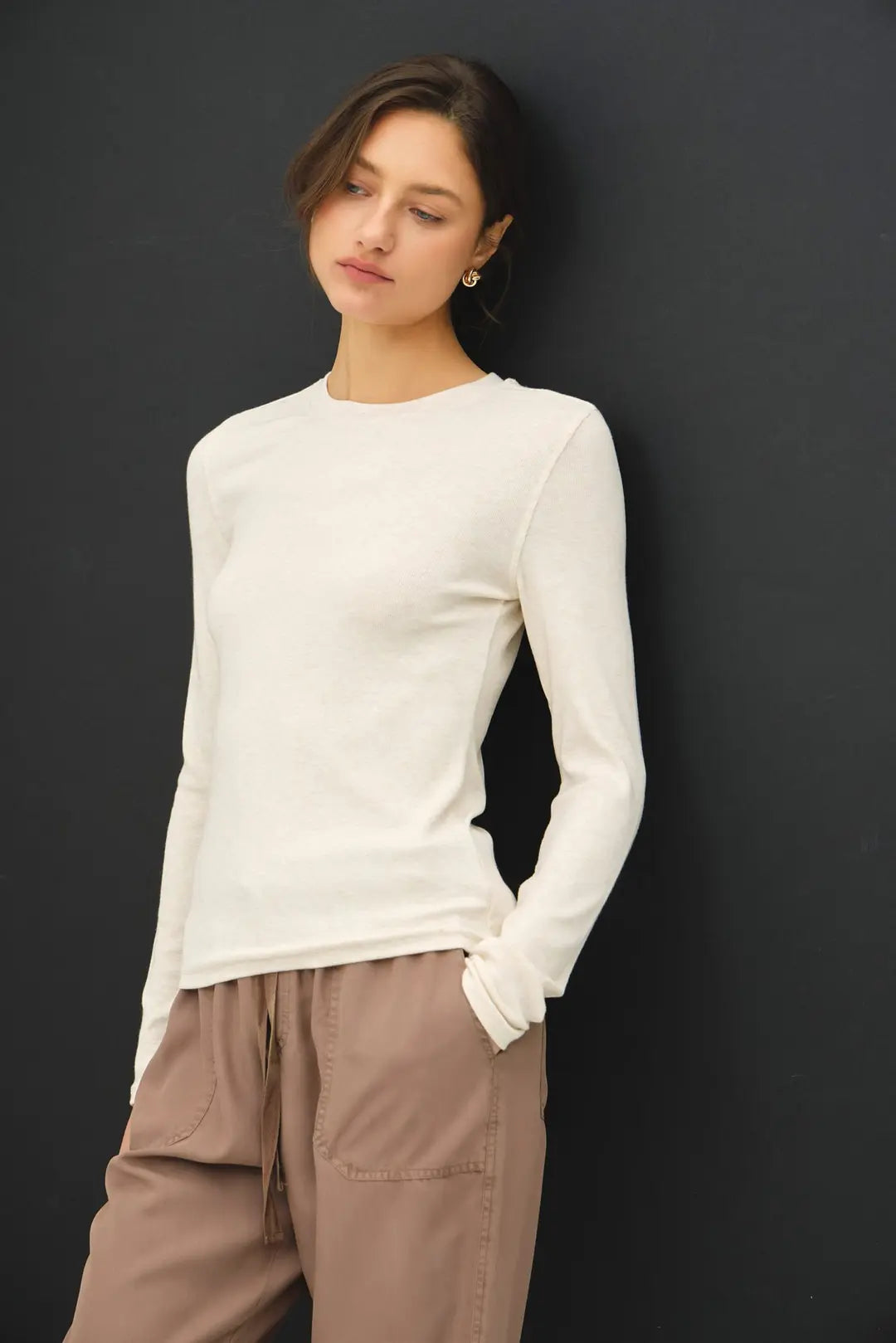 Ribbed Crew Neck Long Sleeve Basic Top Oatmeal