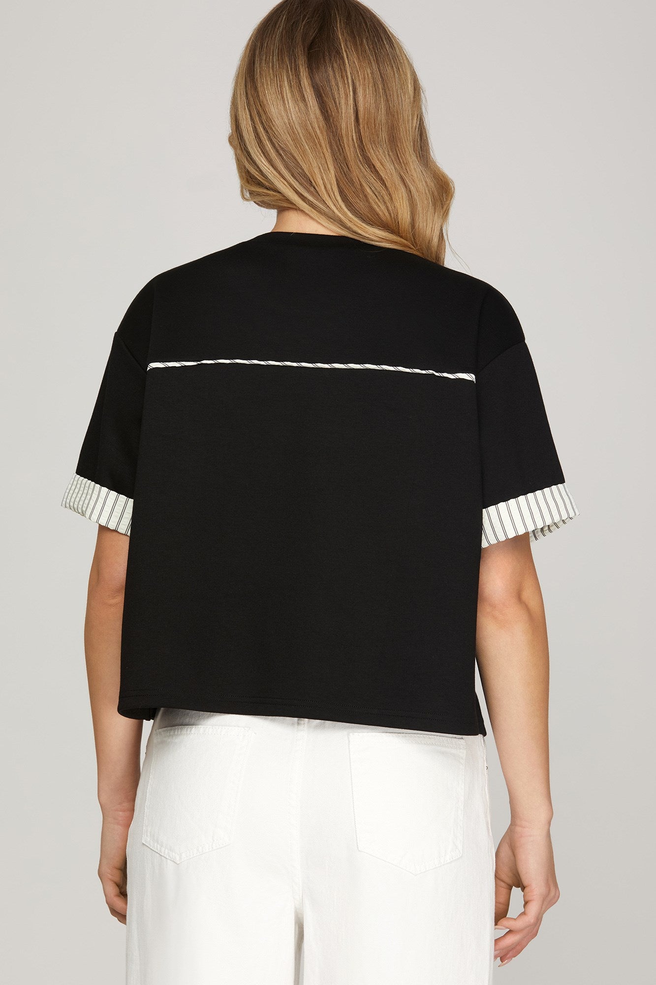 Stripe Contrast Band Short Sleeve Top Black