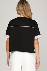 Stripe Contrast Band Short Sleeve Top Black