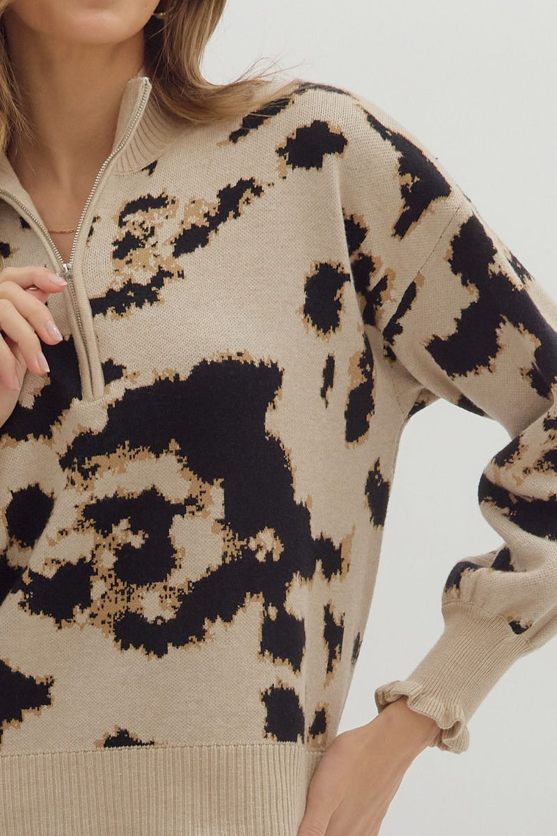 Abstract Leopard 1/4 Zip Sweater Pullover Taupe